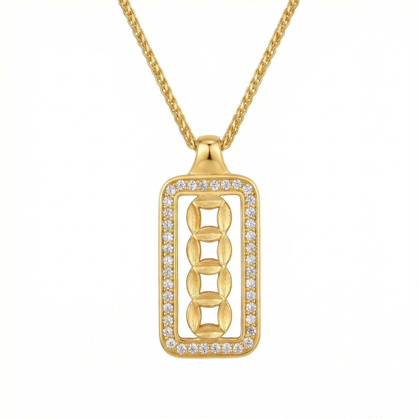 925 Sterling Silver Ornate Rectangular Medallion Necklace Featuring Interlocking Circular Motifs and Shimmering Accents