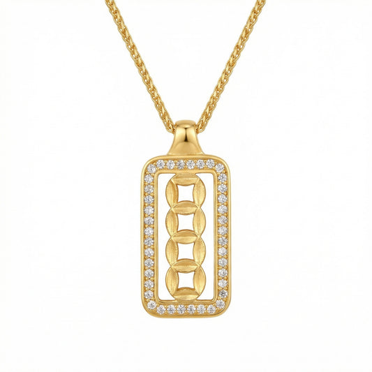 925 Sterling Silver Ornate Rectangular Medallion Necklace Featuring Interlocking Circular Motifs and Shimmering Accents