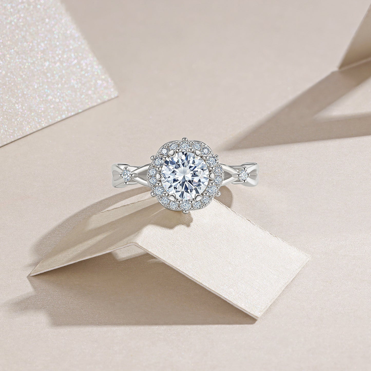 "Starlight Halo" 1 CT D VVS Moissanite Platinum-Plated S925 Silver Ring