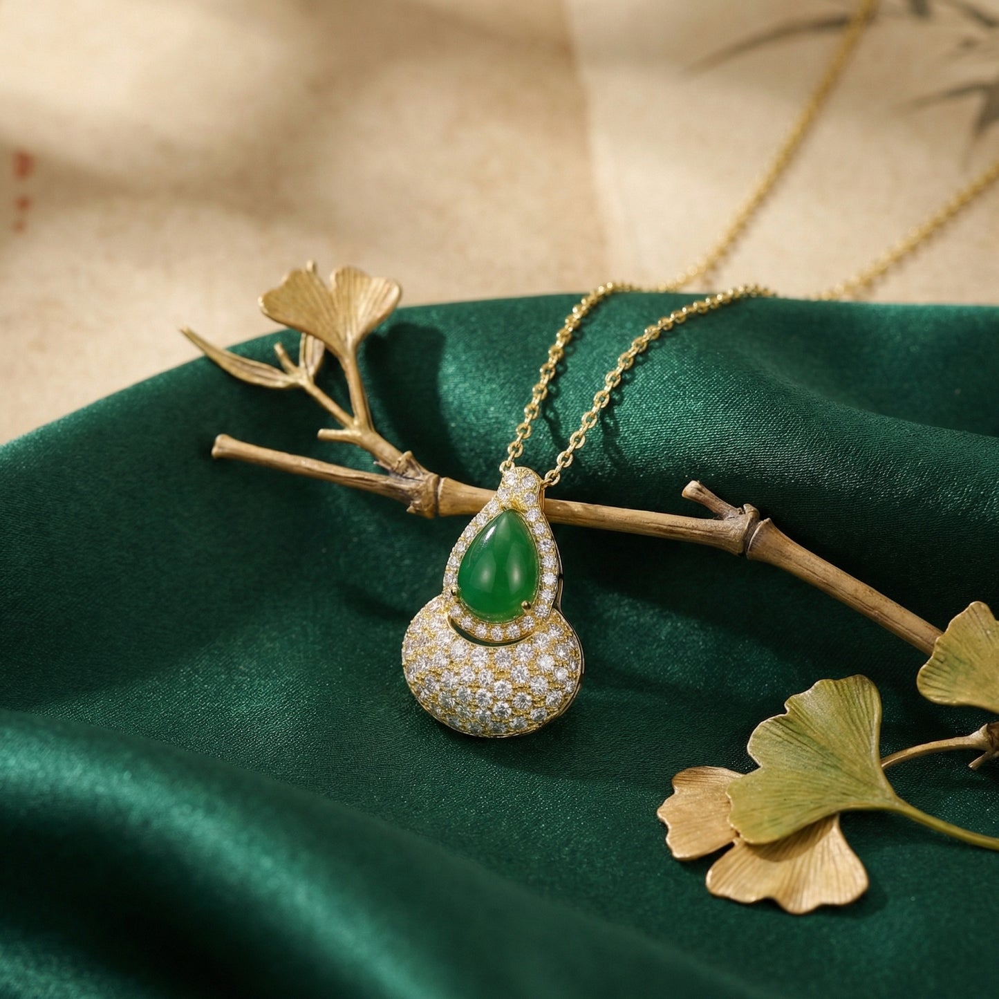 925 Sterling Silver Elegant Green Jadeite Gourd Pendant Necklace with Shimmering Crystal Accents