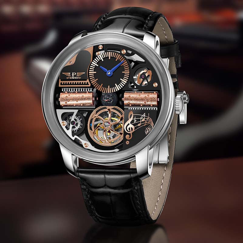 Luxury Skeleton Music Series Mechanical Watch for Men – Automatic Movement, Stainless Steel Case with Genuine Leather Strap, Artistic Open-Work Dial Design