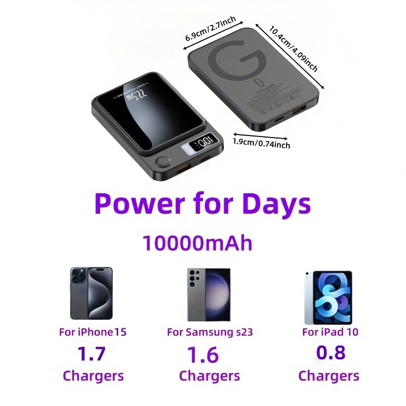 Ultra-Thin Magnetic Wireless Power Bank 10000mAh – 22.5W Super Fast Charging, PD 20W, 15W Wireless, LED Display, USB-C & Dual USB