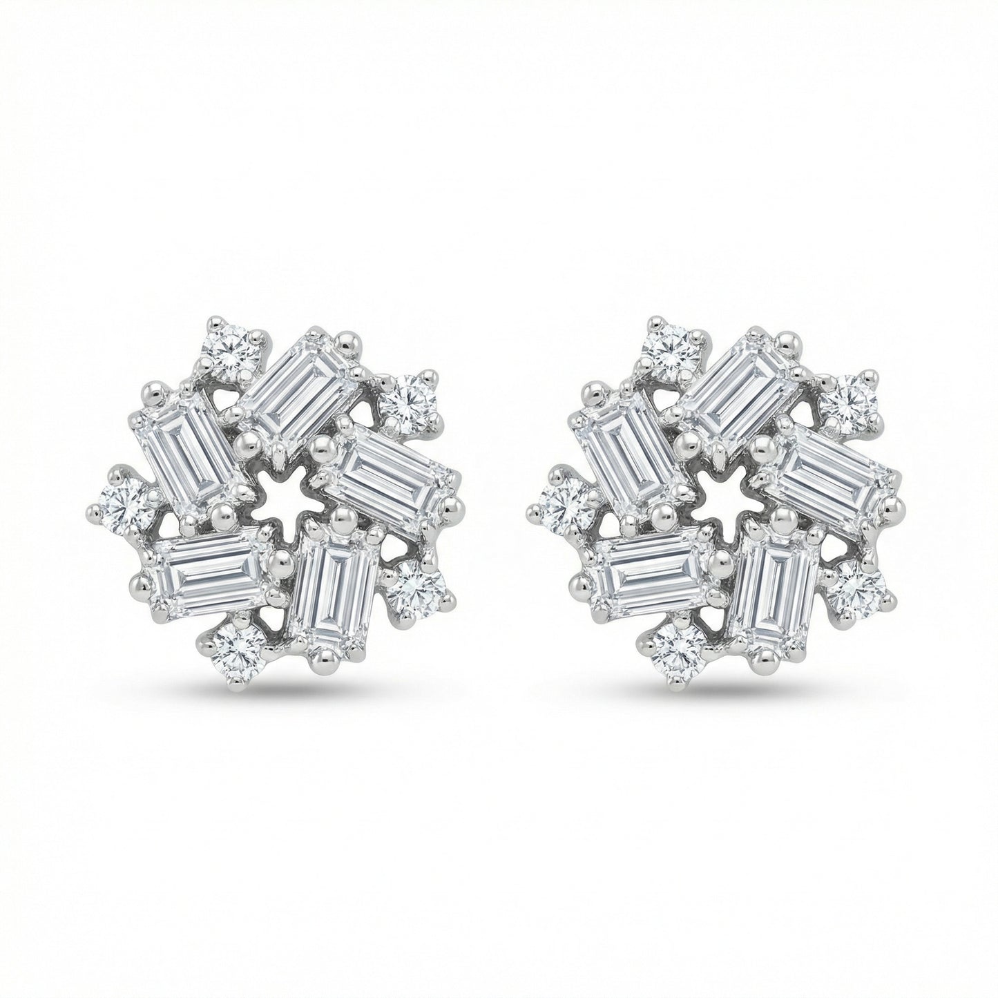 925 Sterling Silver Sparkling Baguette and Round Diamond Snowflake Cluster Stud Earrings