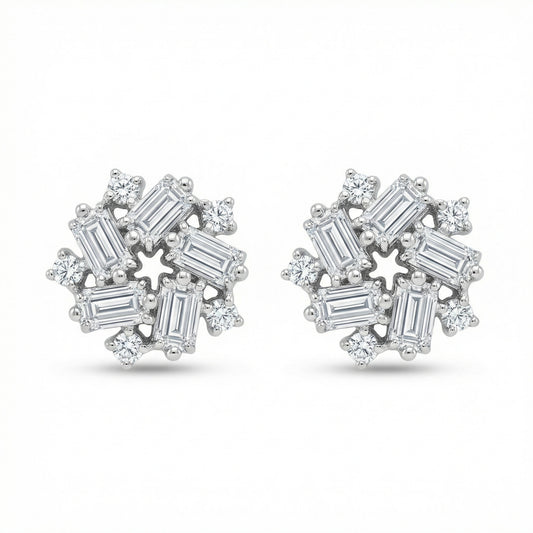925 Sterling Silver Sparkling Baguette and Round Diamond Snowflake Cluster Stud Earrings