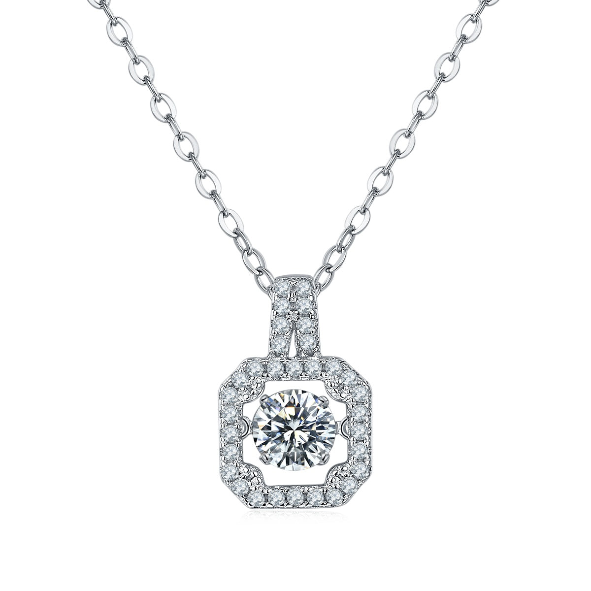 "Dancing Stone" Moissanite Square Halo Necklace in S925 Sterling Silver | D Color VVS1 Platinum Plated