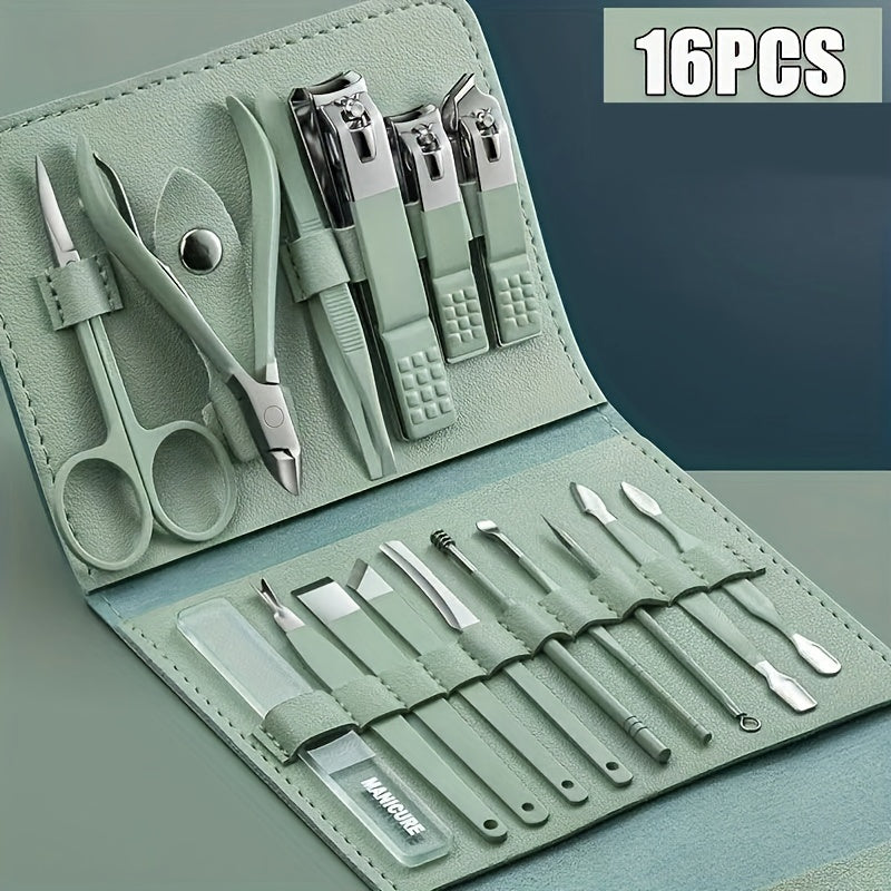 16pcs Multi-Functional Stainless Steel Manicure & Pedicure Tool Set with Folding Travel Bag