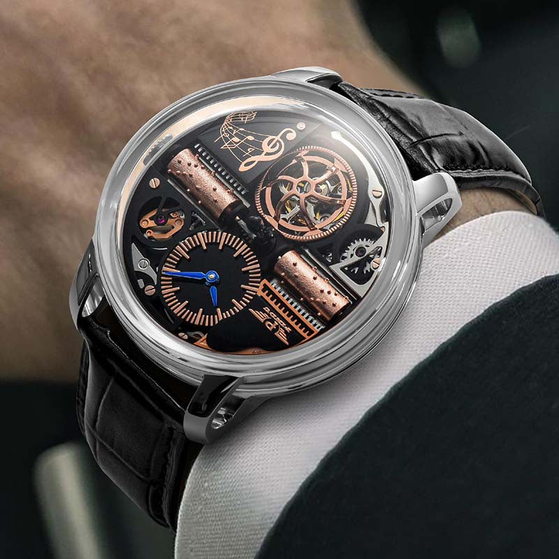 Luxury Skeleton Music Series Mechanical Watch for Men – Automatic Movement, Stainless Steel Case with Genuine Leather Strap, Artistic Open-Work Dial Design