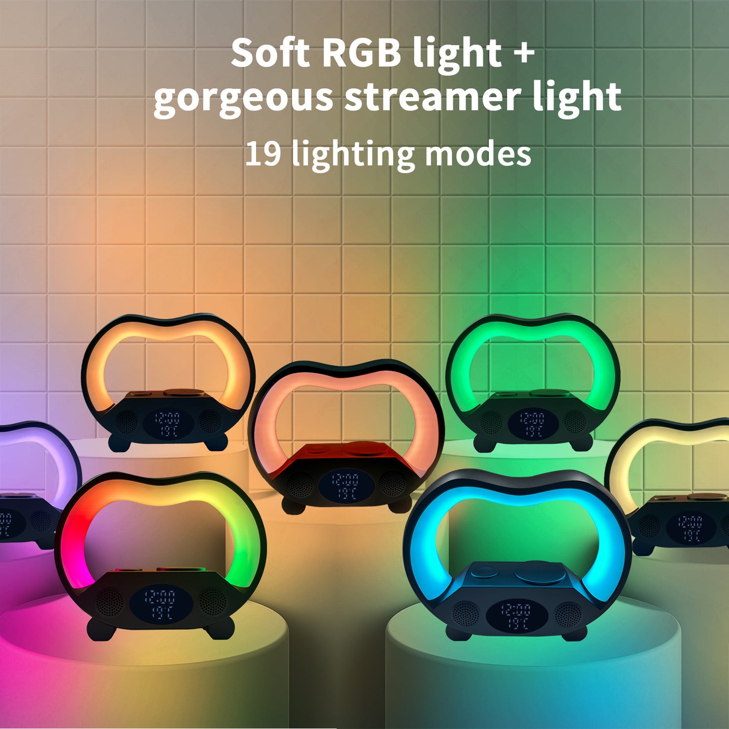 6-in-1 Intelligent LED Table Lamp with Bluetooth Speaker, Wireless Charger, & Smart Remote Control – RGB Night Light, Alarm Clock, Time & Temperature Display