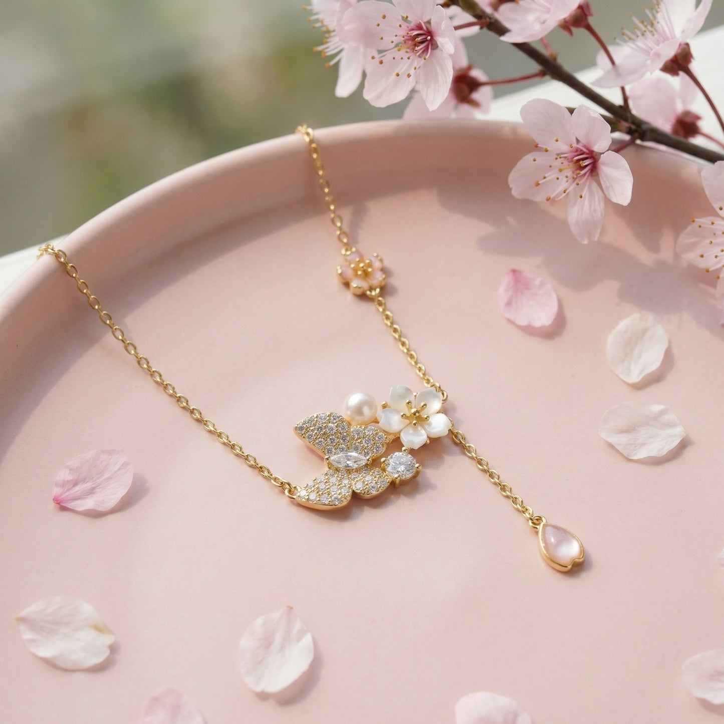 925 Sterling Silver Enchanting Butterfly and Cherry Blossom Necklace with Pearl and Pink Petal Drop