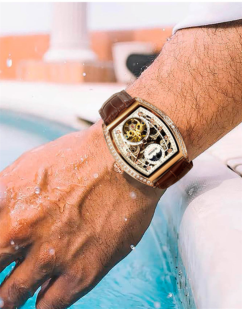 Men's Automatic Mechanical Skeleton Tonneau Watch with Diamond Accents