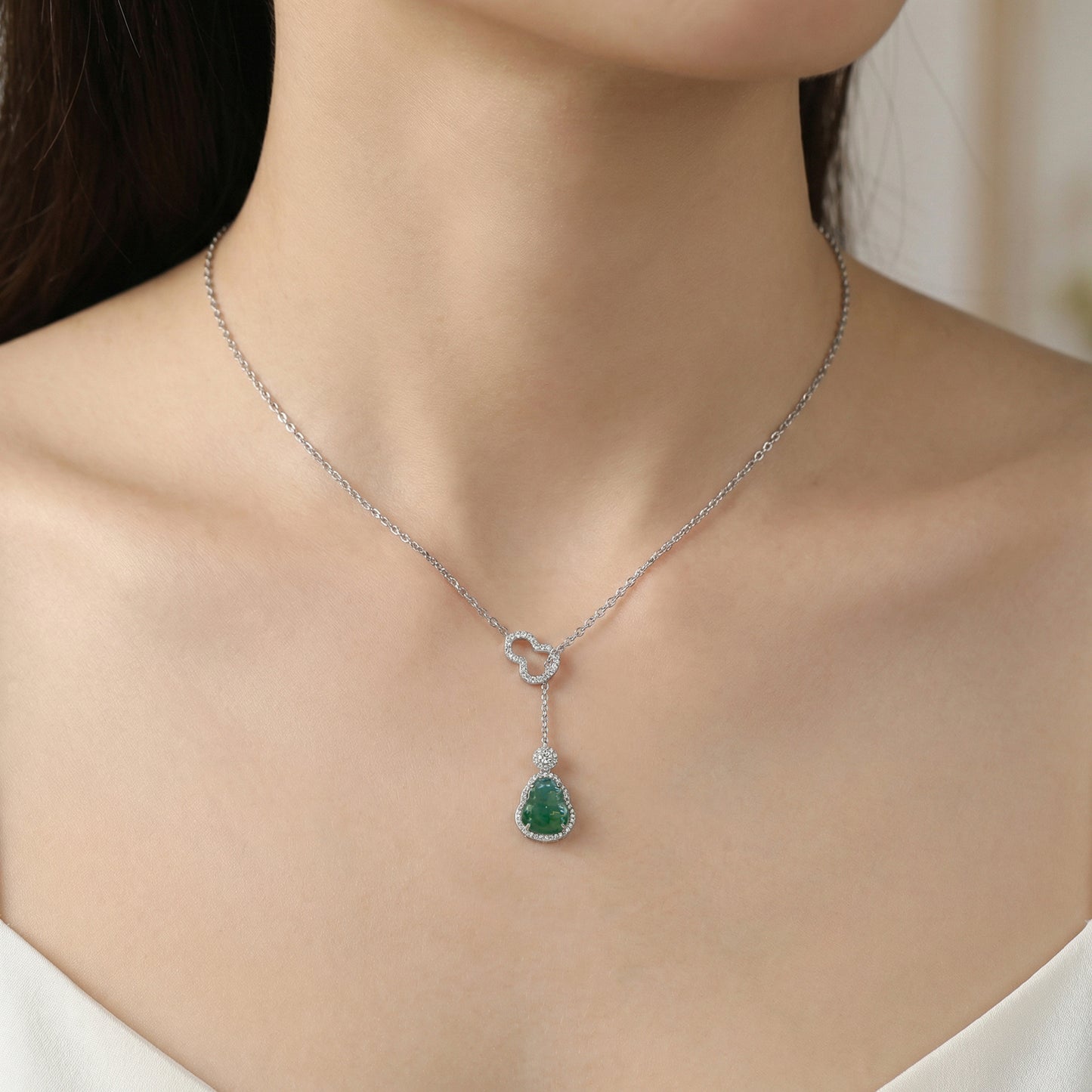 925 Sterling Silver Green Jade Laughing Buddha Necklace with CZ Accents and Gourd Detail