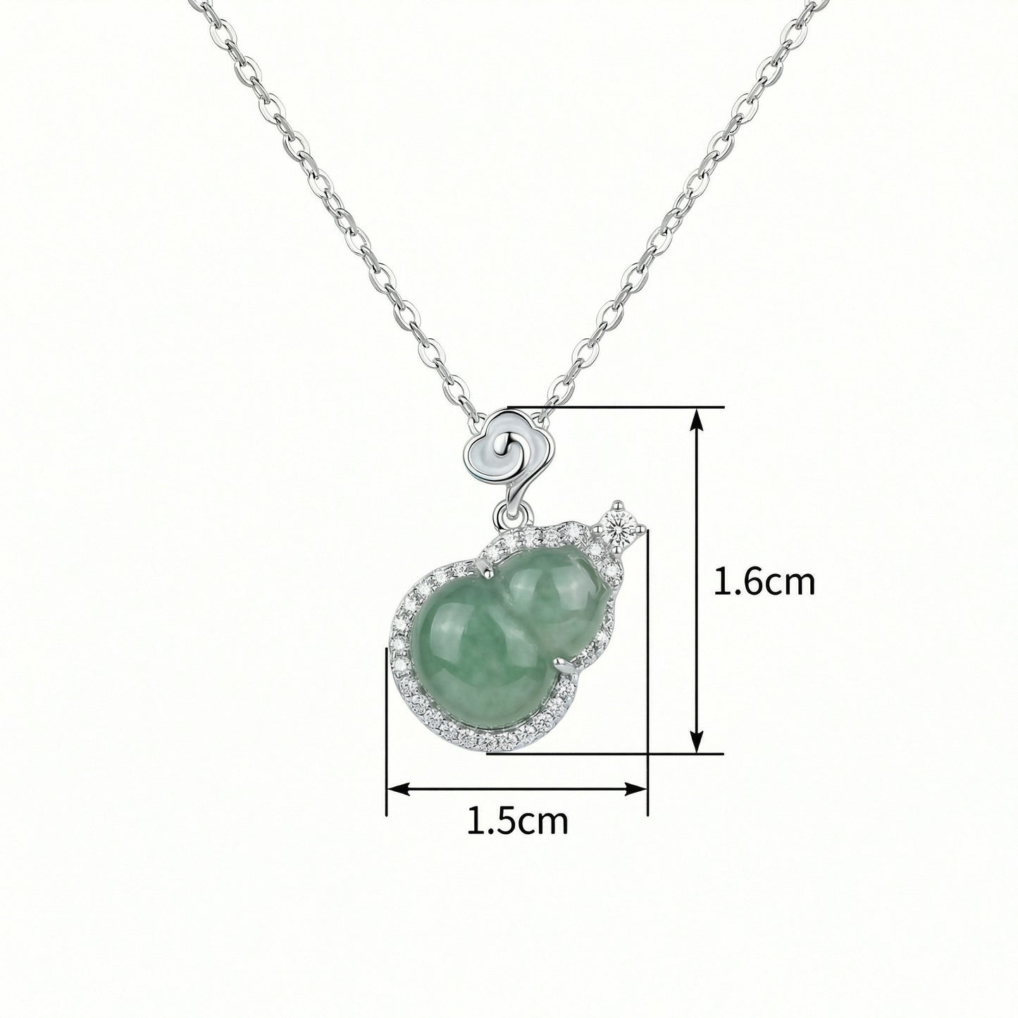 925 Sterling Silver Elegant Green Jadeite Hulu Gourd Pendant Necklace with Diamond Accents and Auspicious Cloud Motif