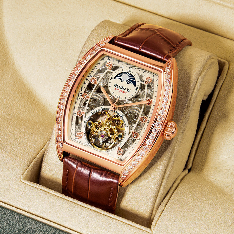 Men's Automatic Mechanical Skeleton Tonneau Watch with Diamond Accents