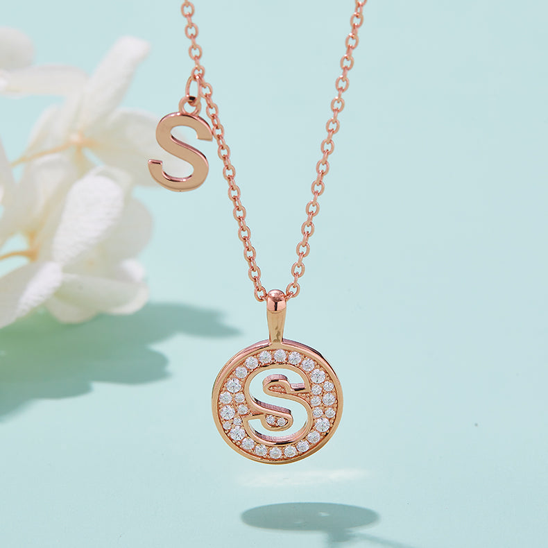 Luxury Initial Letter Necklace Pendant – S , S925 Silver Rose Gold Plated with Top-Quality Brilliant Moissanite