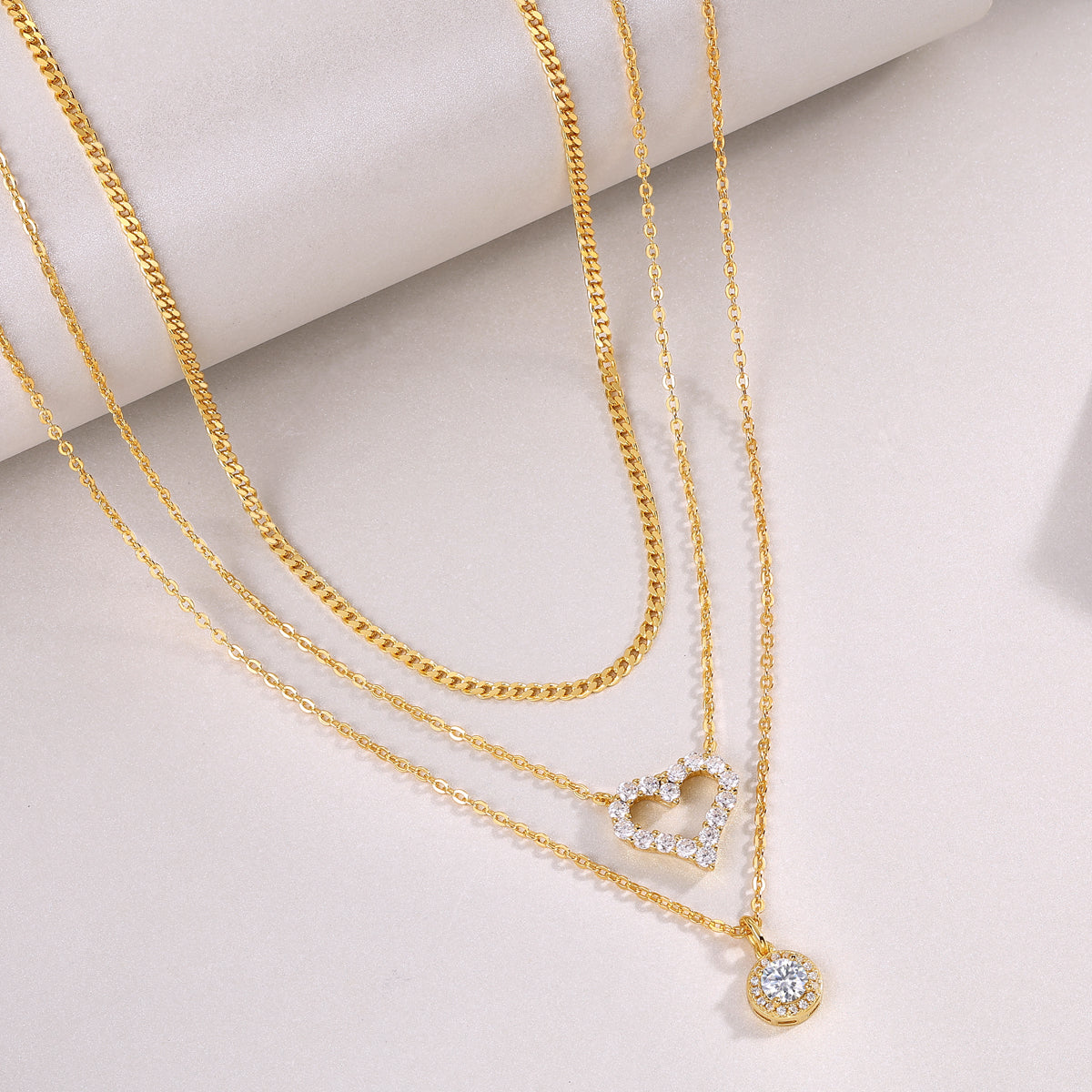 Exquisite Multi-Layered Gold-Plated 925 Silver Necklace with With Top-quality Moissanite D Color VVS1 & Pavé Heart Pendants