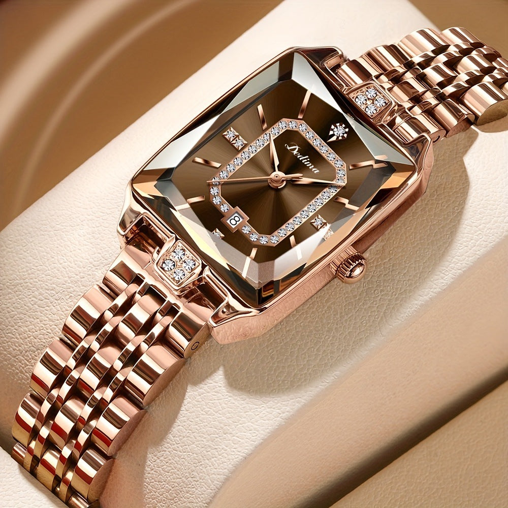 High-end Square Dial Women's Watch - Rose Gold Stainless Steel, Date Display & Zircon Accents