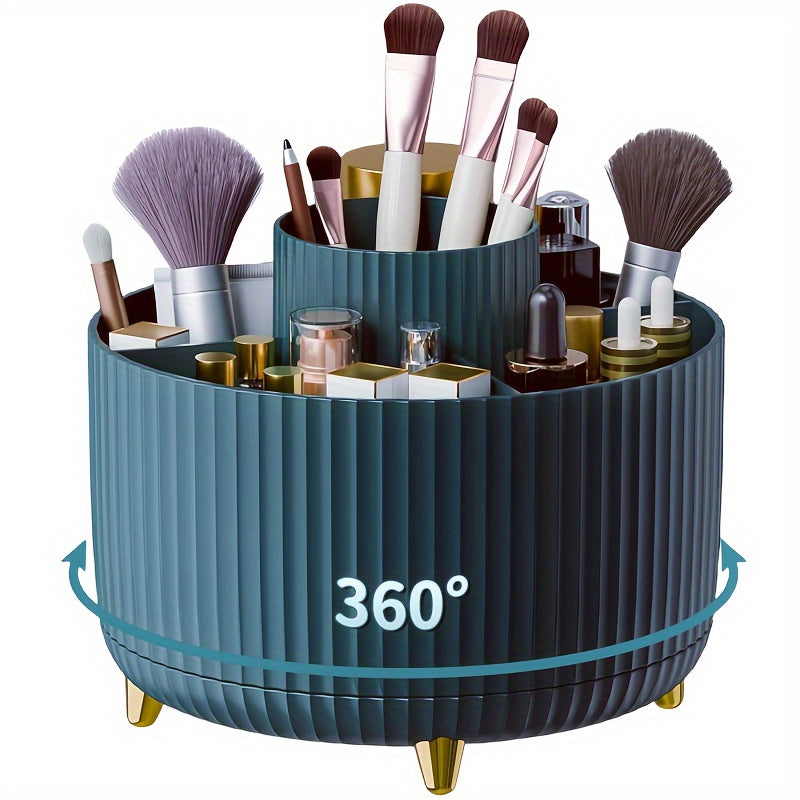 360° Rotating Makeup Brush Holder with 5 Compartments – Space-Saving Organizer for Cosmetics & Accessories