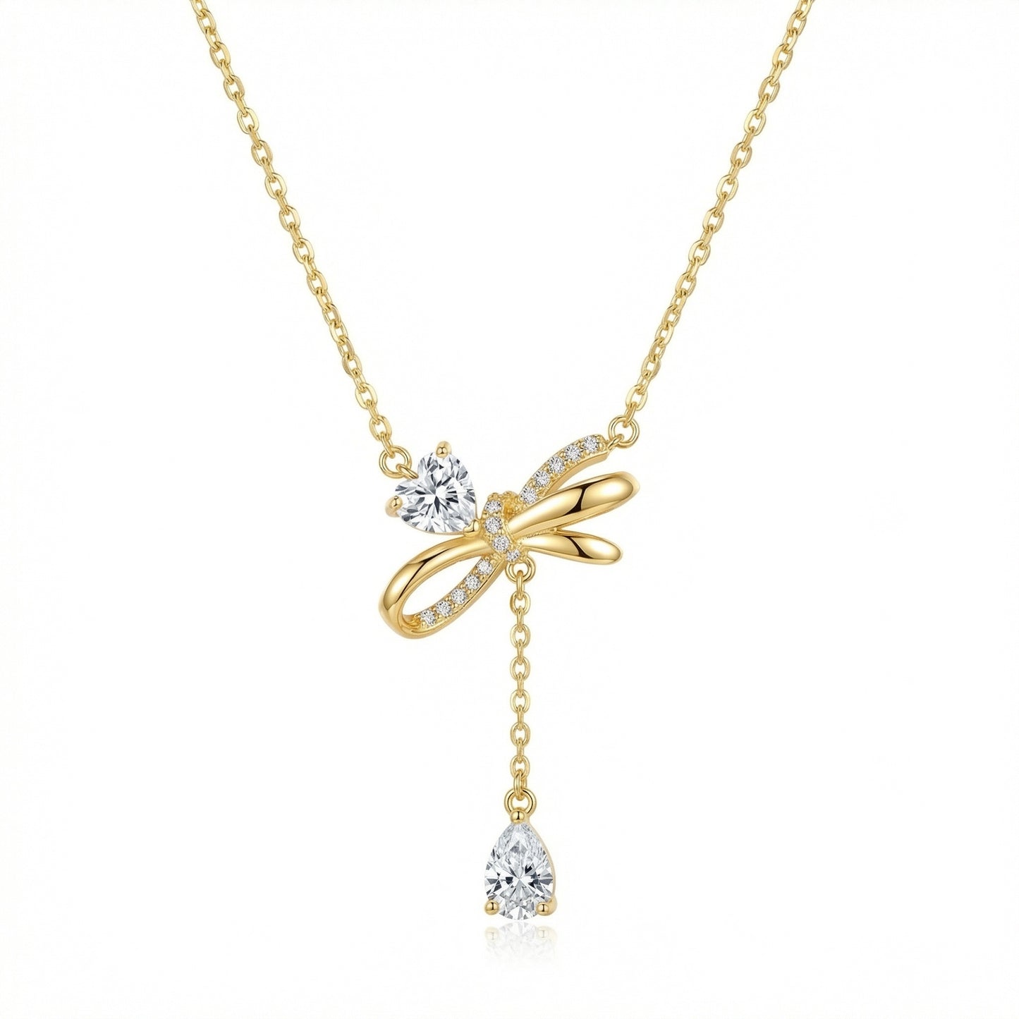 925 Sterling Silver Elegant Bowknot Necklace Featuring Heart and Pear-Cut Sparkling Stones
