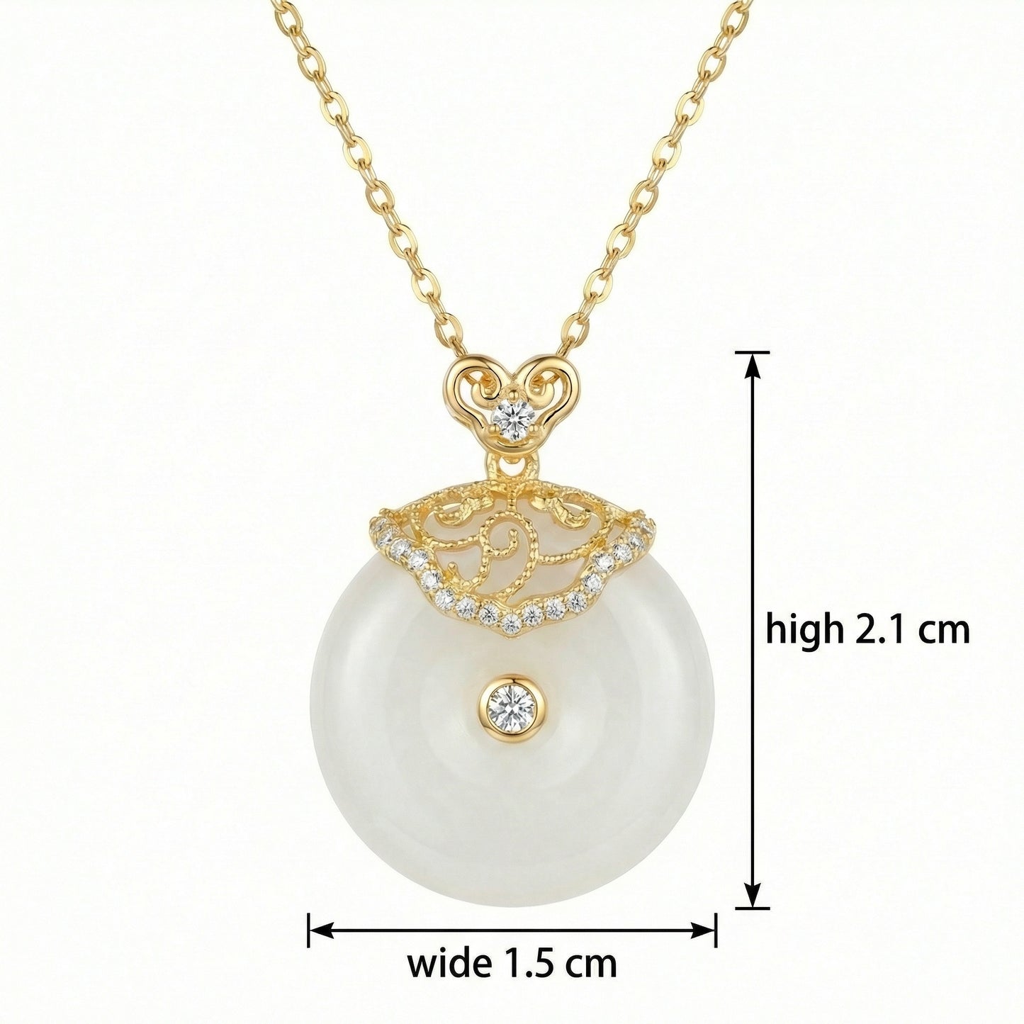925 Sterling Silver Elegant White Jade Circle Pendant Necklace with Intricate Diamond Filigree