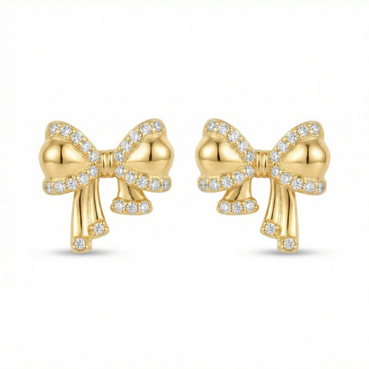 925 Sterling Silver Shimmering Ribbon Bow Stud Earrings with Radiant Clear Stone Embellishments