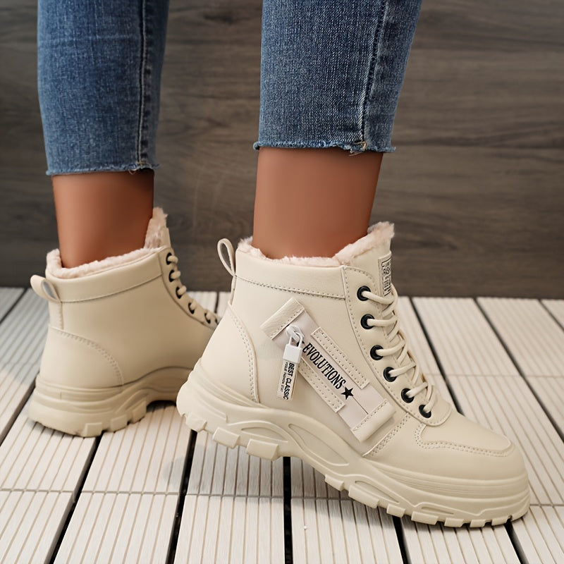 Women'S Winter High-Top Boots - Warm Fleece-Lined Ankle Boots with Thick Sole, Lace-Up Casual Style