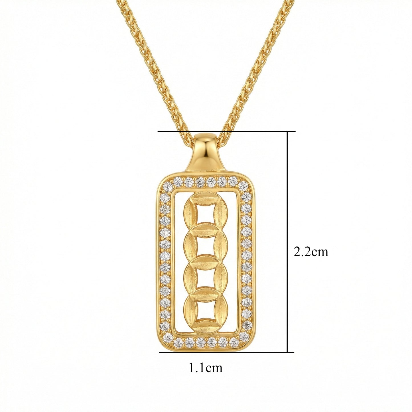925 Sterling Silver Ornate Rectangular Medallion Necklace Featuring Interlocking Circular Motifs and Shimmering Accents