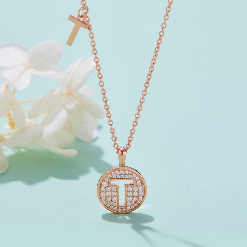 Luxury Initial Letter Necklace Pendant – T , S925 Silver Rose Gold Plated with Top-Quality Brilliant Moissanite