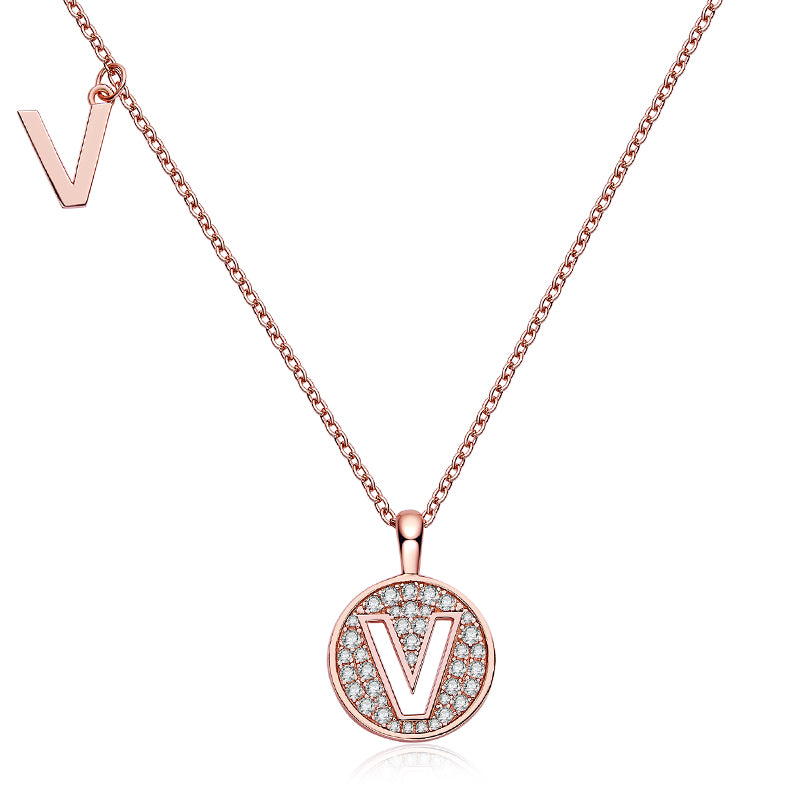Luxury Initial Letter Necklace Pendant – V , S925 Silver Rose Gold Plated with Top-Quality Brilliant Moissanite