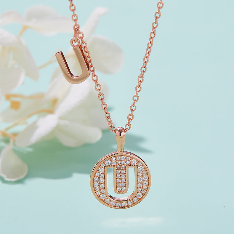 Luxury Initial Letter Necklace Pendant – U , S925 Silver Rose Gold Plated with Top-Quality Brilliant Moissanite