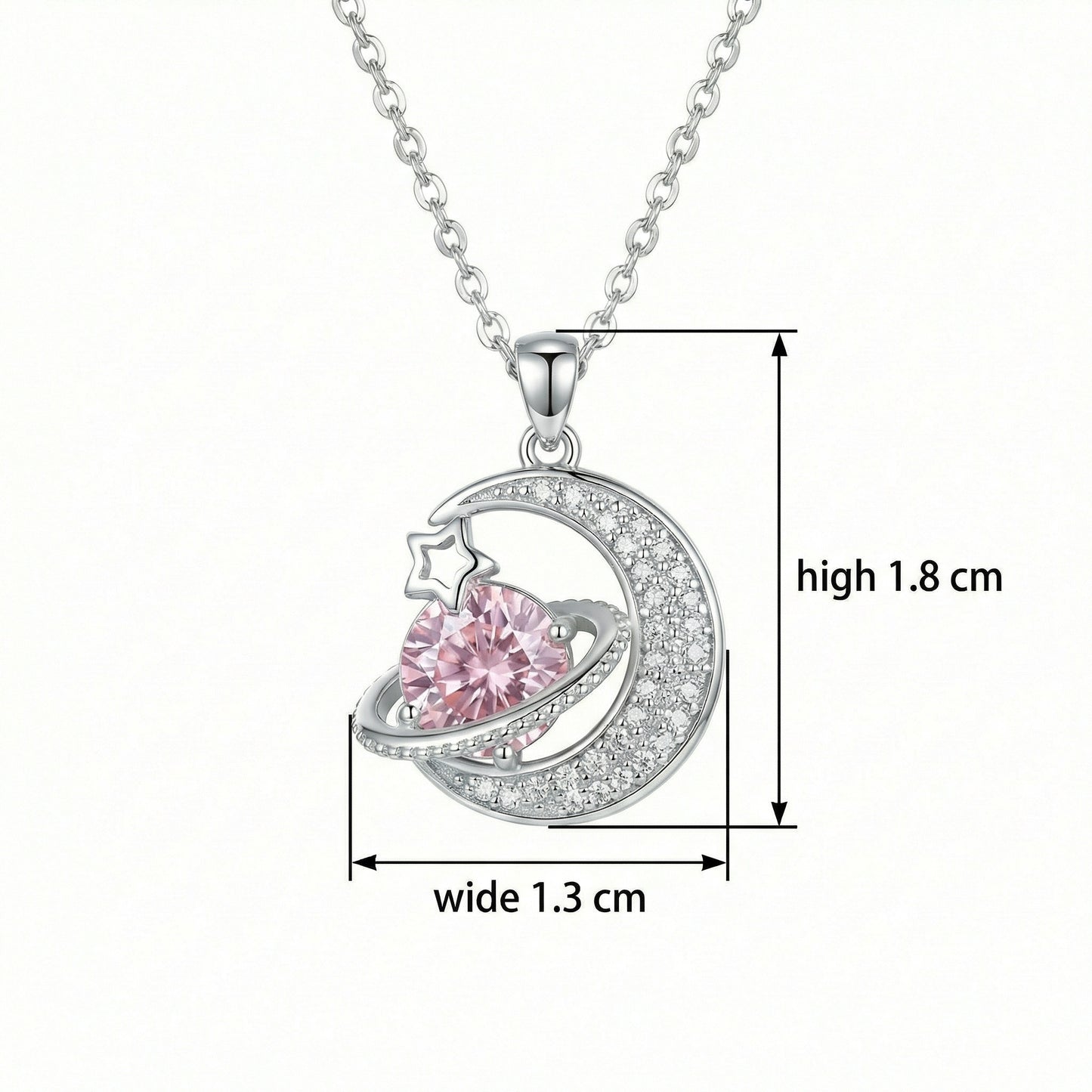 925 Sterling Silver Celestial Crescent Moon and Sparkling Pink Planet Silver Pendant Necklace