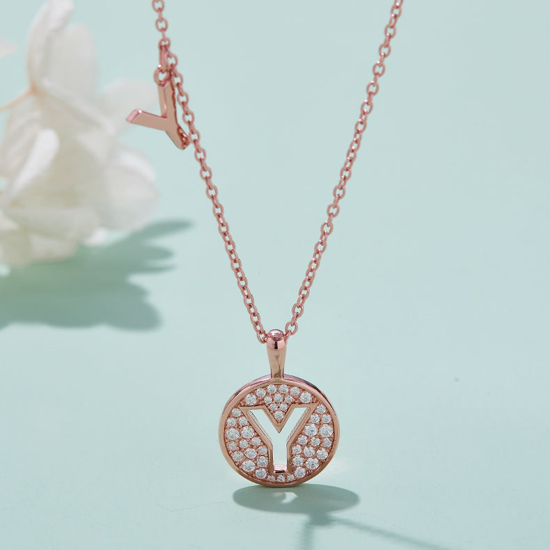 Luxury Initial Letter Necklace Pendant – Y , S925 Silver Rose Gold Plated with Top-Quality Brilliant Moissanite
