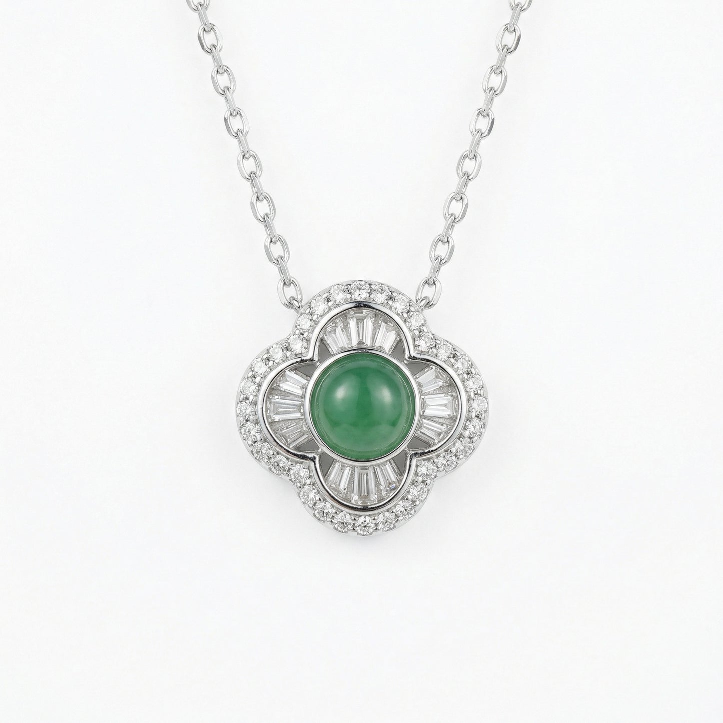 925 Sterling Silver Exquisite Quatrefoil Green Gemstone Pendant Necklace with Diamond Halo and Baguette Accents