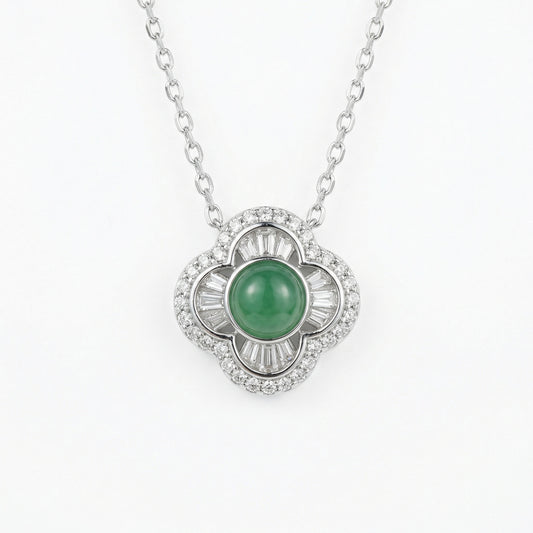 925 Sterling Silver Exquisite Quatrefoil Green Gemstone Pendant Necklace with Diamond Halo and Baguette Accents