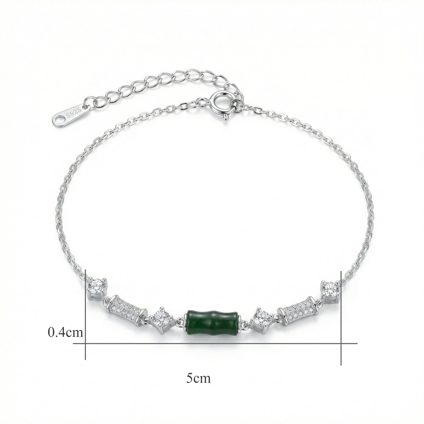 925 Sterling Silver Elegant S925 Sterling Silver Bracelet Featuring a Green Bamboo Motif and Shimmering Zirconia Stones