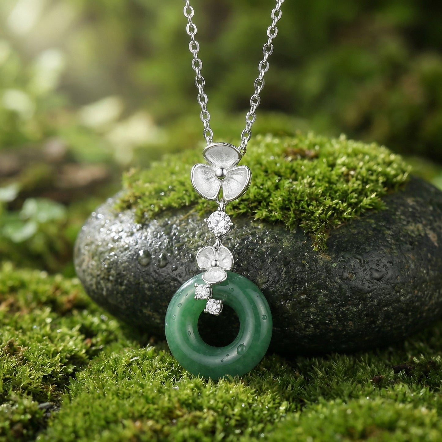 925 Sterling Silver Elegant Silver Green Jade Donut Pendant Necklace with Floral and Gemstone Accents