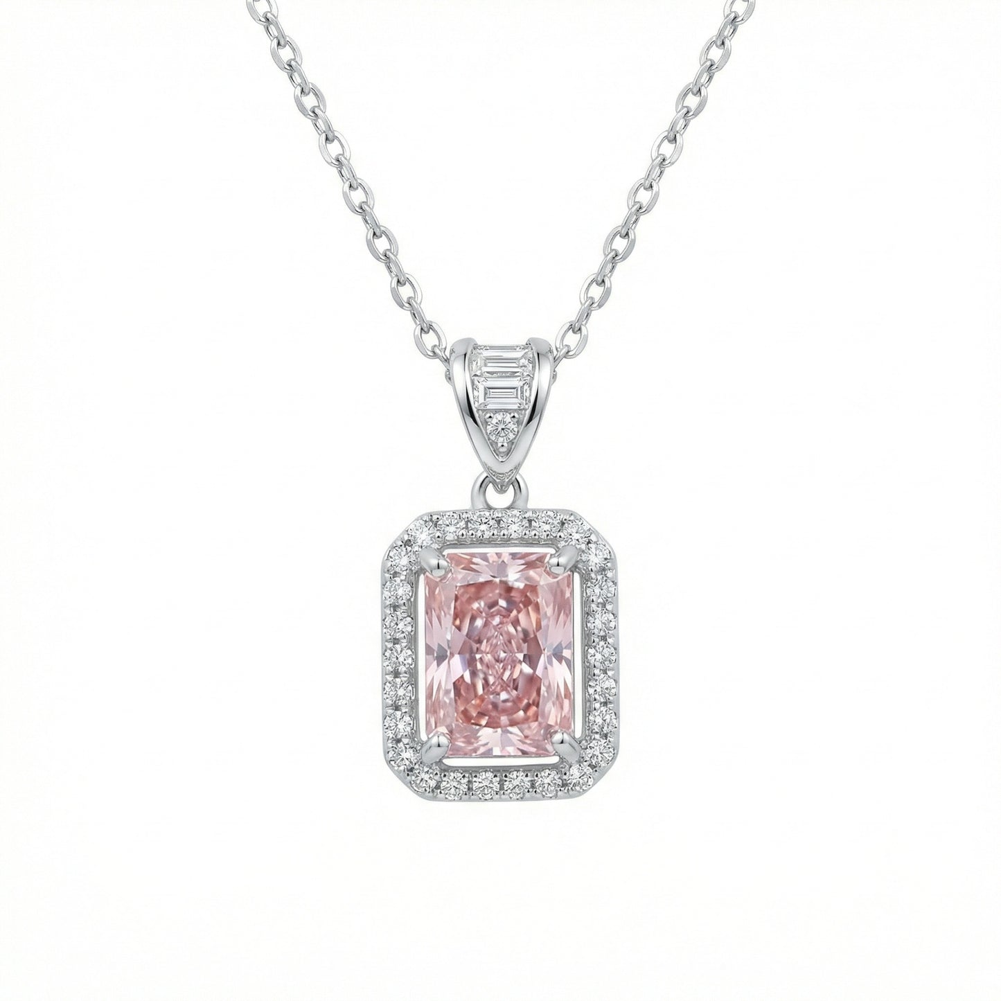 925 Sterling Silver Elegant Radiant-Cut Pink Gemstone Halo Pendant Necklace