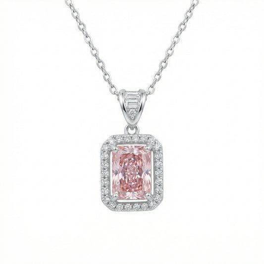 925 Sterling Silver Elegant Radiant-Cut Pink Gemstone Halo Pendant Necklace