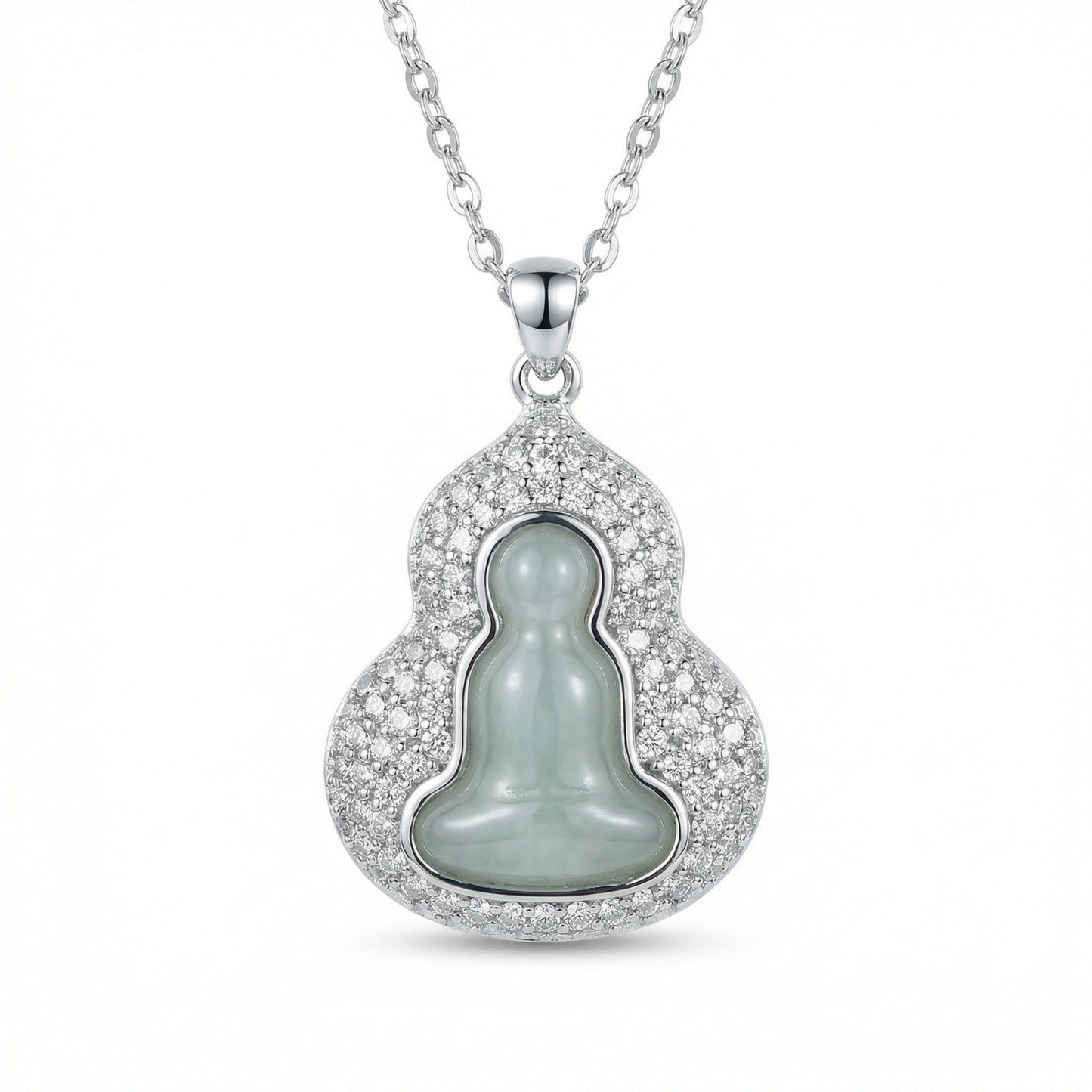 925 Sterling Silver Elegant Light Green Jade Buddha Pendant Necklace with Sparkling Accents