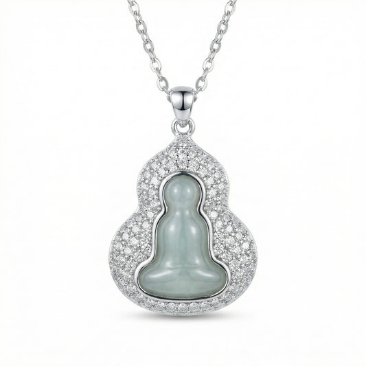 925 Sterling Silver Elegant Light Green Jade Buddha Pendant Necklace with Sparkling Accents