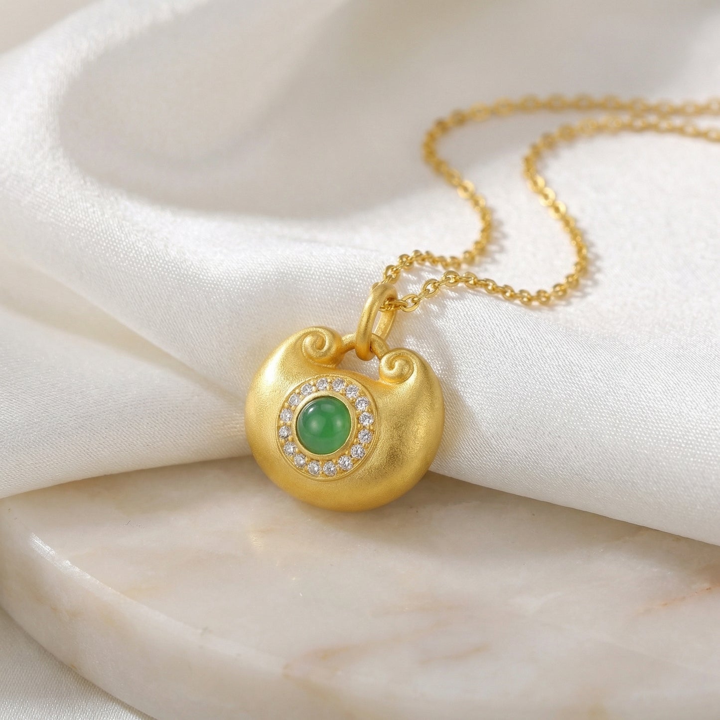 925 Sterling Silver Elegant Matte Longevity Lock Pendant with Vibrant Green Jadeite and Shimmering Gemstone Halo