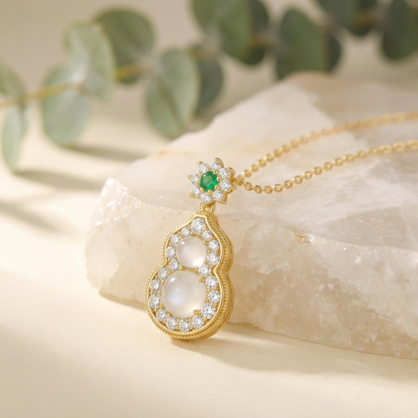 925 Sterling Silver Elegant Moonstone and Emerald Gourd Pendant Necklace with Brilliant Diamond Accents