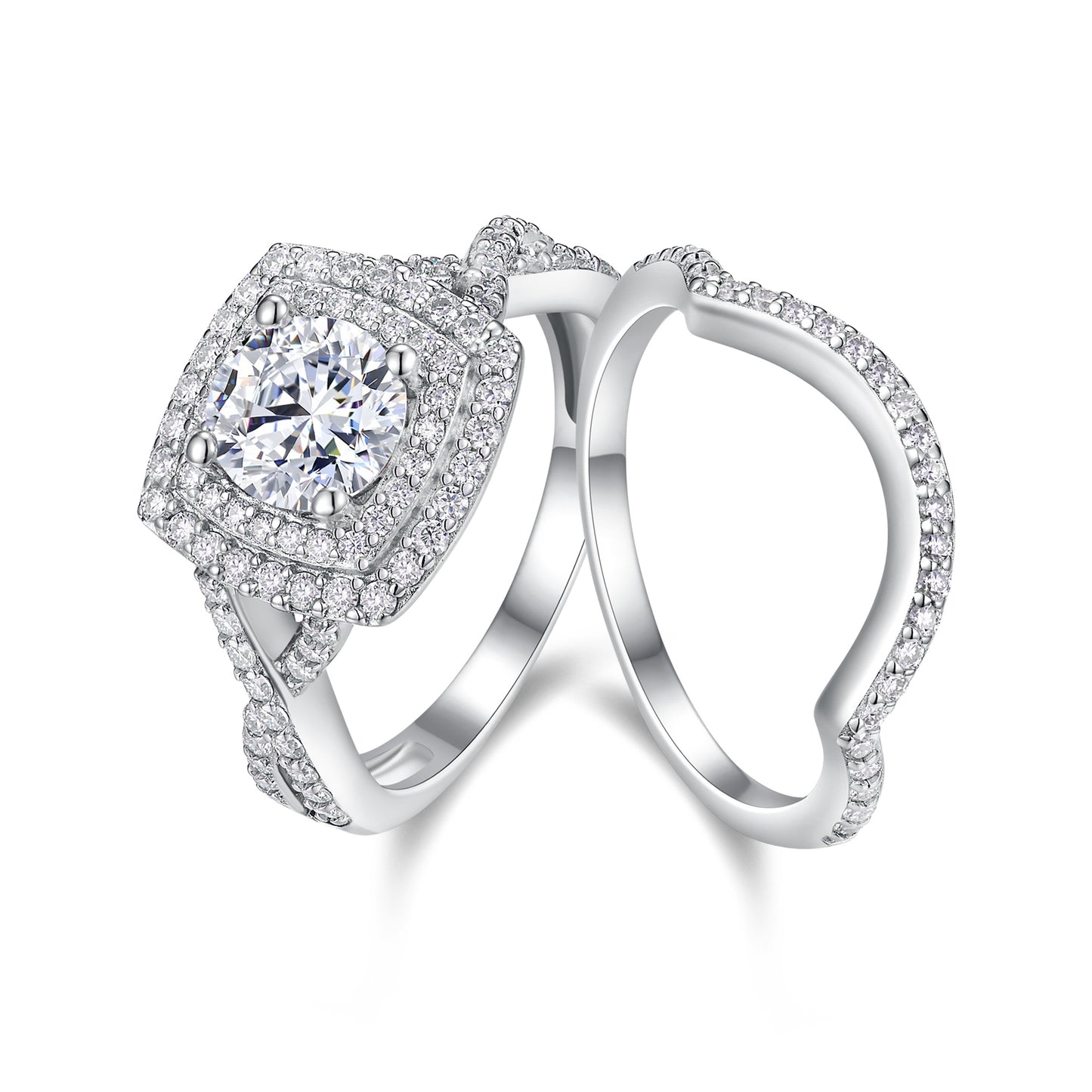 1-carat Moissanite Double Rings Set With Top-quality Moissanite Luxury, Fashionable And Light Luxury Jewelry Silver Ring S925 Silver Plated Platinum