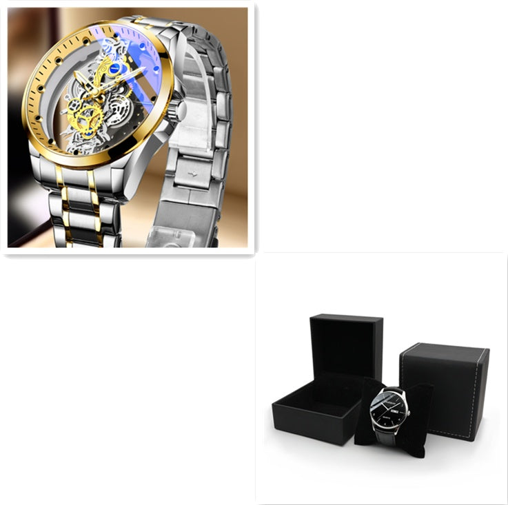 Luxurious Gold Plated Skeleton Quartz Watch for Men