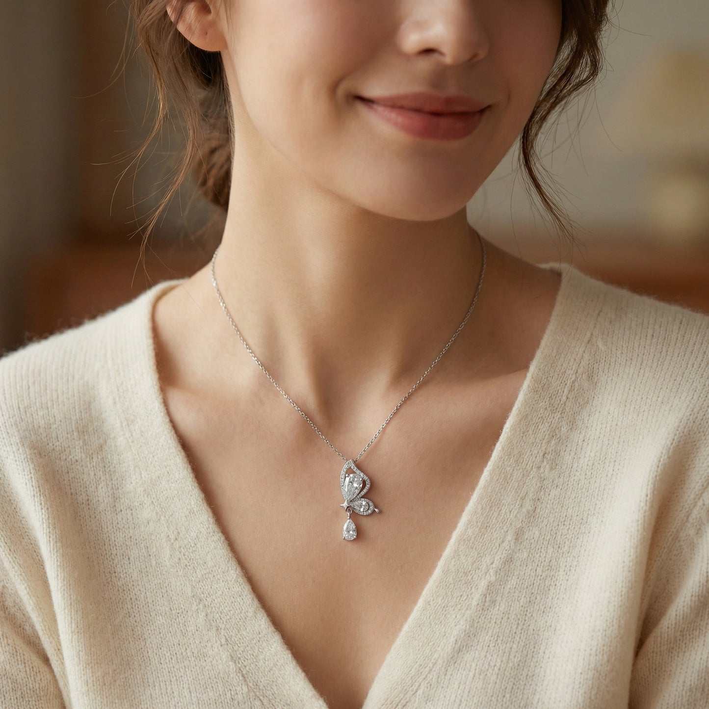 925 Sterling Silver Elegant Sterling Silver Butterfly Pendant Necklace with Sparkling Pear-Shaped Zirconia