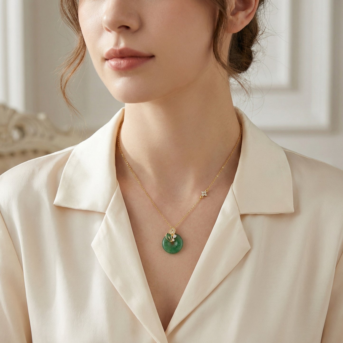 925 Sterling Silver Elegant Green Jadeite Donut Necklace with Sparkling Floral Accents and Enamel Leaf Details