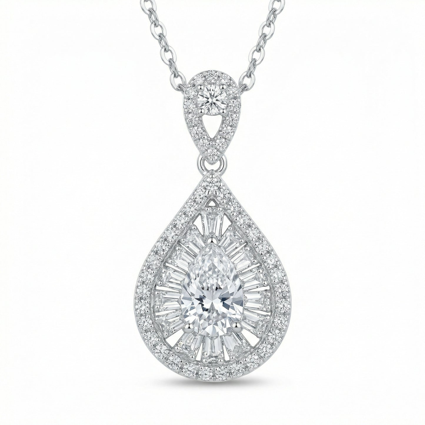 925 Sterling Silver Elegant Pear-Shaped Diamond Sunburst Halo Pendant Necklace