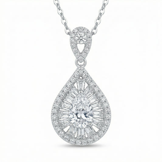 925 Sterling Silver Elegant Pear-Shaped Diamond Sunburst Halo Pendant Necklace