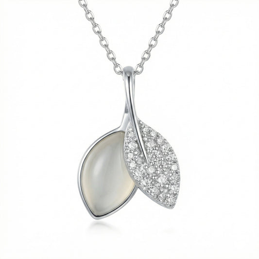 925 Sterling Silver Elegant Leaf Pendant Necklace Featuring Shimmering Moonstone And Brilliant Pave Crystals