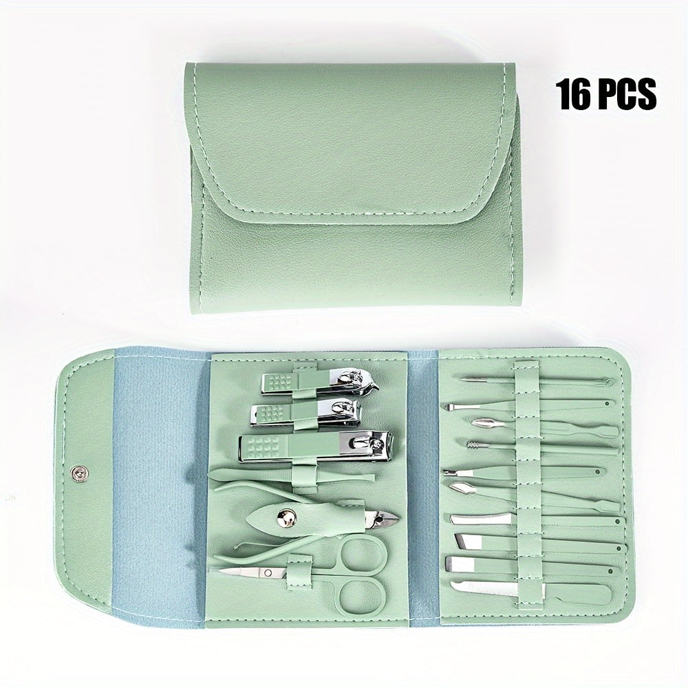 16pcs Multi-Functional Stainless Steel Manicure & Pedicure Tool Set with Folding Travel Bag