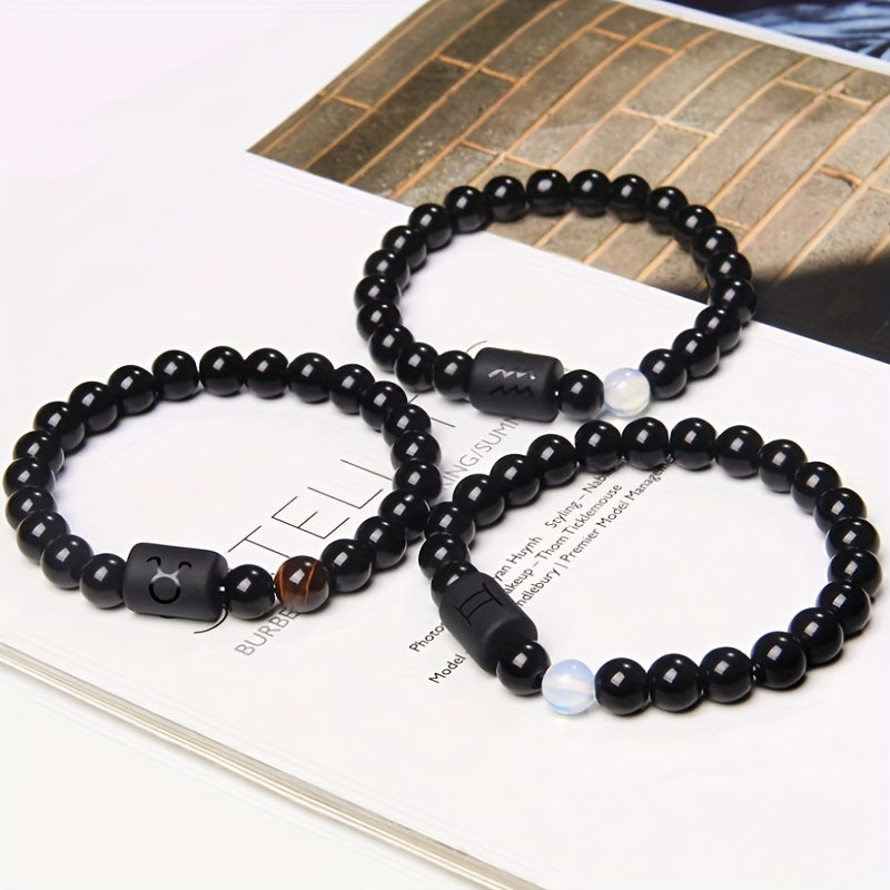 Unisex 12 Constellation Natural Black Obsidian Beaded Bracelets
